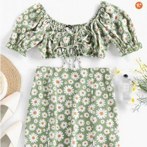 Zaful Daisy Print Slit Tie Front Ruffle Skirt Set